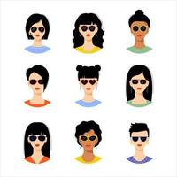 Collection of portraits of young stylish women. Girls with different hairstyles. Set of modern female avatars. Flat cartoon vector illustration.