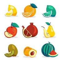 Set of fruits in modern vector hand drawn  style, summer symbol, fruit salad.Cute fruits, apple,watermelon,lemon, kiwi, pear, apricot, lime, orange, pomegranate