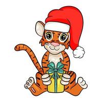 Tiger in Santa hat with gifts. Symbol of new year according to Chinese or Eastern calendar. Vector editable illustration, cartoon style