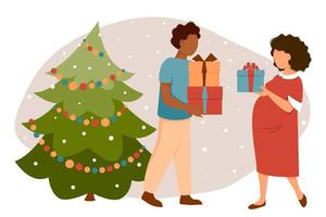 los jóvenes se dan regalos cerca del árbol de navidad. ilustración vectorial en estilo plano. vector