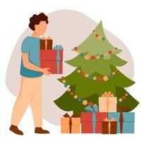 Man is holding presents in her hands by Christmas tree. Vector illustration in flat style.