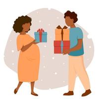 Pregnant woman and man are holding gifts in her hands. Vector illustration in flat style.