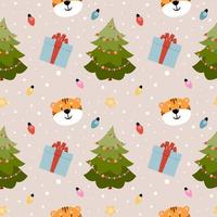 Colorful new year seamless pattern with tiger, presents, garland, christmas tree, snow. Vector background in flat style.