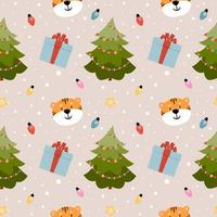 Colorful new year seamless pattern with tiger, presents, garland, christmas tree, snow. Vector background in flat style.