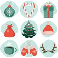 Vector set of cute Christmas icons. New Year symbols in flat style.