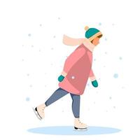 Young girl ice skating. Concept of winter sport activities. Vector Illustration in flat style.