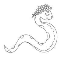 Lineart of cute smiling snake with wreath of flowers. Vector illustration for kids coloring book.