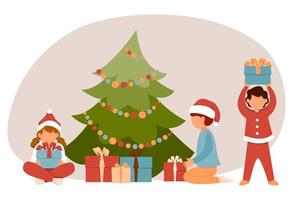 Children open presents by Christmas tree. Vector illustration in flat style.