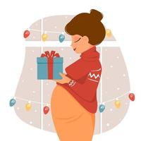 Cute pregnant woman is holding present in her hands. Vector illustration in flat style.