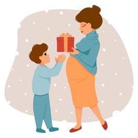 Son gives mom Christmas present. Pregnant woman gives gift to child. Concept of celebrating new year, birthday. Vector illustration of flat style characters..