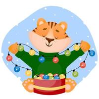 Funny little happy tiger cub holding a garland in his hands. Vector character illustration in flat style. Winter holidays concept.