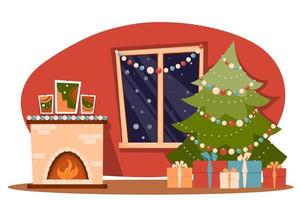 Vector illustration of Christmas living room with window, fireplace,  fir tree and gifts.
