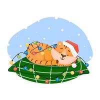 Funny little happy tiger cub sleeps on pillow shrouded in garlands. Vector character illustration in flat style. Winter holidays concept.