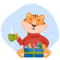 Funny little happy tiger cub dressed in a warm sweater drinks hot tea with sweet candy . Vector character illustration in flat style. Winter holidays concept.