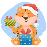 Funny little happy tiger cub sits with gift boxes in New Year's Santa hat. Vector character illustration in flat style.