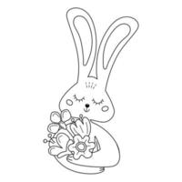 Lineart of cute smiling bunny with bouquet of flowers. Vector illustration for kids coloring book.