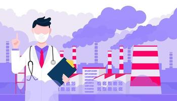 Confused man doctor in mask against smog. Fine dust, air pollution concept. vector