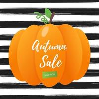 Autumn sale vector banner or poster gradient flat style design vector illustration. Huge red ribbon with text AUTUMN SALE, colored leaves, pumpkin, sunflower, pie and corn isolated on fun background.