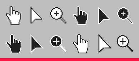 Black and white arrow, hand and magnifier non pixel mouse cursor icons vector illustration set