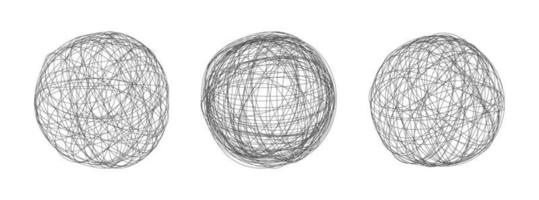 Tangle chaos abstract hand drawn messy scribble sphere ball vector illustration set.