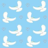 Flying white dove with twig and hand-drawn heart seamless pattern. International peace day background. vector