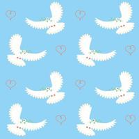 Flying white dove with twig and hand-drawn heart seamless pattern. International peace day background. vector