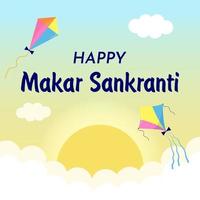 felices vacaciones makar sankranti. festival hindú indio con vuelo de cometas, sol y nubes. vector