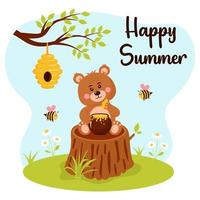 Baby bear with honey pot is sitting on the tree stump and cute round bees is flying around him. Beehive hanging on a branch. Summer meadow with daisies. Happy summer text. vector