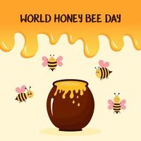 Honey drops background, honey pot and cute bees. World honey bee day text. vector