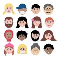 Hand drawn human faces doodle set. Colorful people avatars of different sex, nationality, age for social networks, website. Portrait with positive facial expression. vector