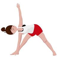 mujer de pie en pose de yoga triángulo. ilustración de vector de estilo plano de dibujos animados aislado sobre fondo blanco.