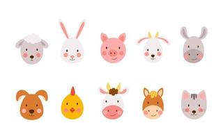 Set of cute hand-drawn farm animals in cartoon style. Happy faces of  baby animals isolated on white background vector