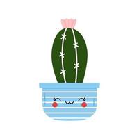 hermoso cactus de flores en una maceta sonriente. linda ilustración vectorial dibujada a mano de planta de interior en estilo de dibujos animados aislado sobre fondo blanco vector