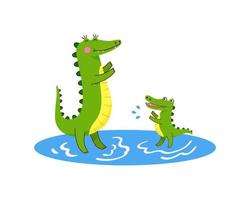 Happy crocodile mother plays with little son in the water. Cute alligators jumping and splashing in the blue river. Wild African animals. Vector flat cartoon illustration for kids design