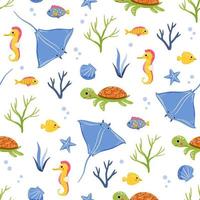 Funny childish pattern with sea animals - stingray, sea turtle, seahorse, fish, corals vector