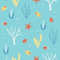 Cute summer seamless pattern with seaweed, shells and fish vector