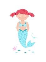 Cute little mermaid girl with funny red hair. Kids vector illustration