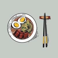 Spicy ramen with wheat noodle, meat, eggs and onion vector