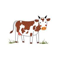 Isolated on white background kawaii brown cow grazing on a meadow vector