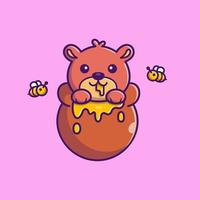 Lindo oso de miel comiendo ilustración de icono de vector de dibujos animados de miel. concepto de icono de comida animal vector premium aislado. estilo de dibujos animados plana