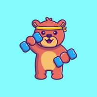 el oso lindo hace ejercicio levantando la ilustración del icono del vector de dibujos animados con mancuernas. concepto de icono de deporte animal vector premium aislado. estilo de dibujos animados plana