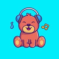 lindo oso escuchando música con ilustración de icono de vector de dibujos animados de auriculares. concepto de icono de tecnología animal vector premium aislado. estilo de dibujos animados plana