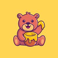 Cute Honey Bear With Honey Cartoon Vector Icon Illustration.  Animal Food Icon Concept Isolated Premium Vector. Flat  Cartoon Style