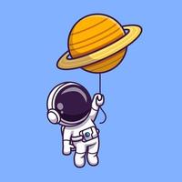 Cute Astronaut Floating With Planet Balloon In Space  Cartoon Vector Icon Illustration. Technology Science Icon  Concept Isolated Premium Vector. Flat Cartoon Style