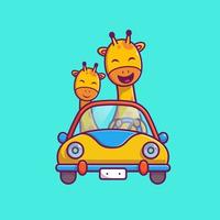 Linda jirafa montando coche dibujos animados vector icono ilustración. concepto de icono de transporte de animales vector premium aislado. estilo de dibujos animados plana