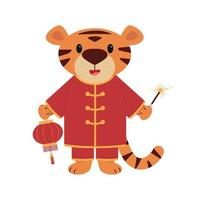 The symbol of the Chinese new year is cute tiger cub in red costume with chinese lantern and sparkler. Cartoon character isolated on white background. Vector illustration in flat style.