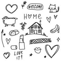 Doodle arrow, flowers, stars, hearts, branch, cat, woman, welcome home text. Sketch set cute isolated line collection for home. vector