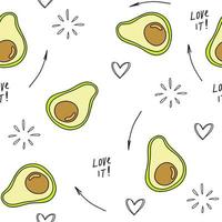 Hand drawn summer seamless pattern with avocado, abstract, hearts, love it, arrows, doodle. Cute vector for paper, fabric, book, kitchen, children.