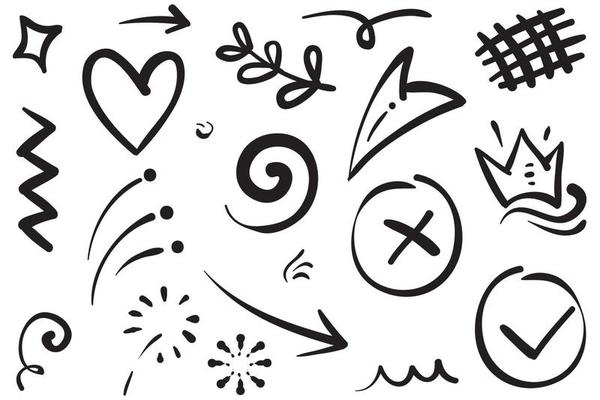 Abstract arrows, ribbons, crowns, hearts, explosions and other elements in hand drawn style for concept design. Doodle illustration. Vector template for decoration