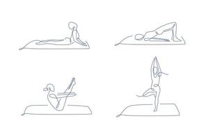 Pilates line art poses set. outline vector illustration. one line yoga poses collection. women make yoga and pilates. yoga mat